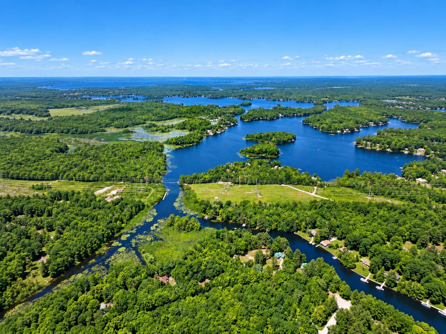 Aerial drone view of the Kawartha Lakes waterway