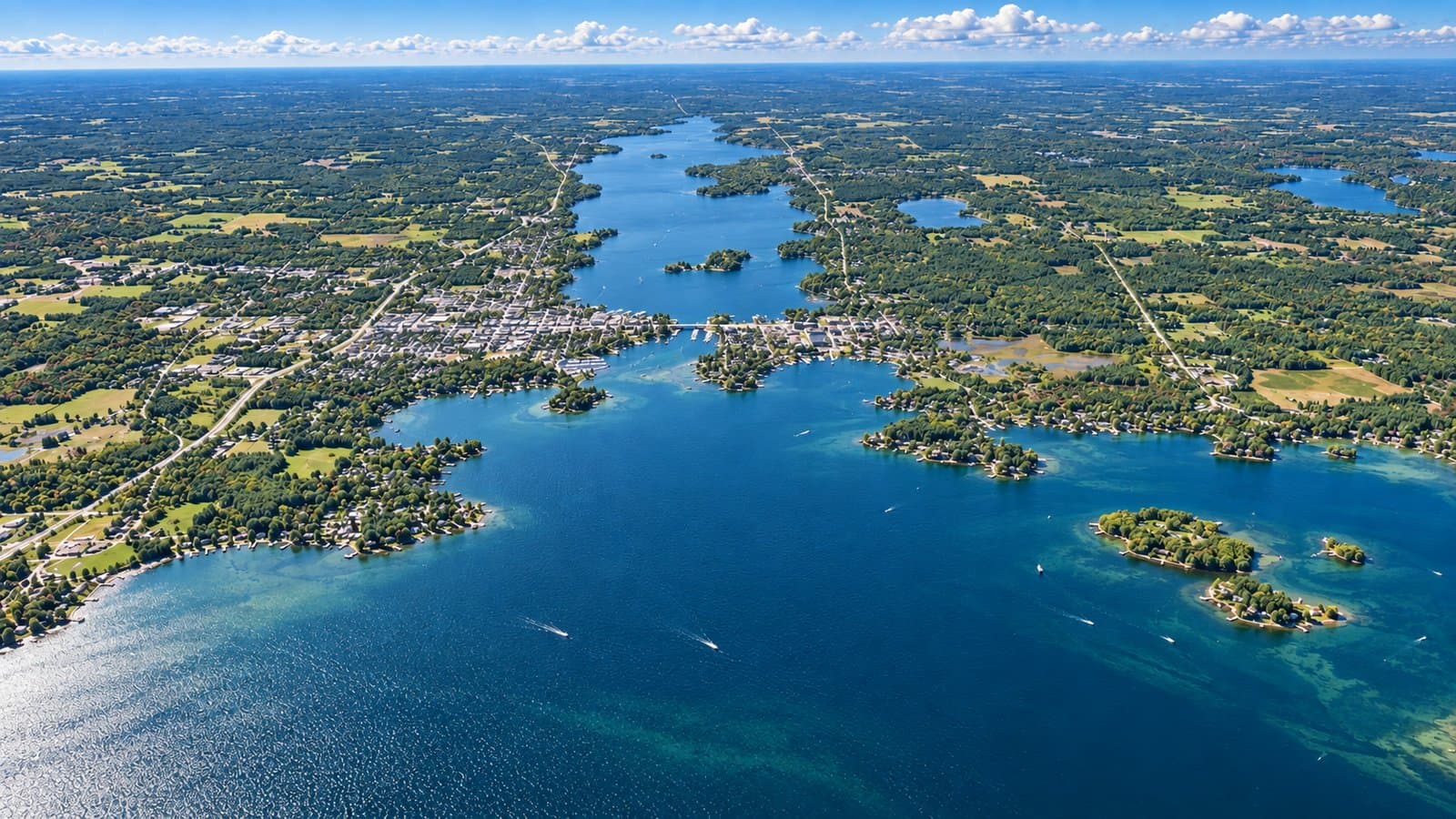 Aerial drone view of Lake Simcoe and surrounding shoreline