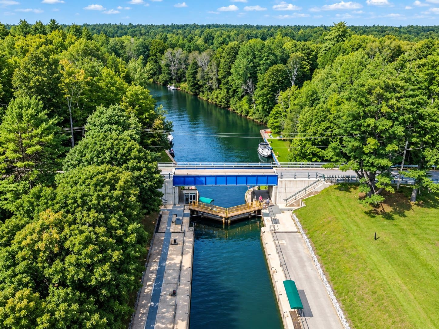 Aerial drone view of Lock 42 on the Trent–Severn Waterway, Simcoe County